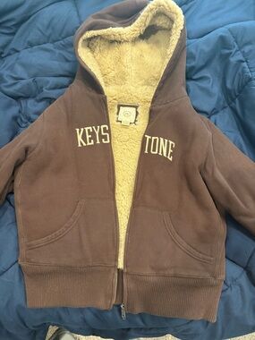 Brown faux fur Lined Zip Hoodie with 'Keystone' Lettering